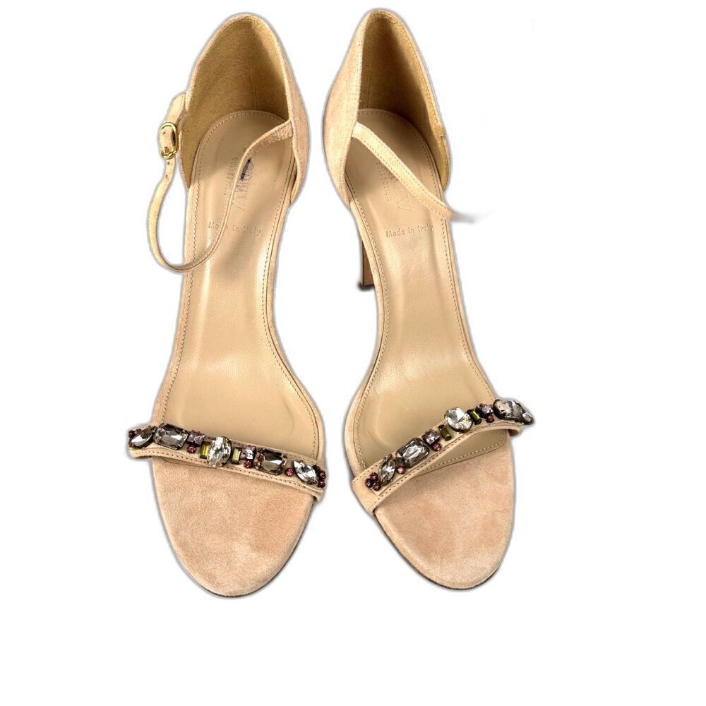 J. Crew Jewel Embellished Strappy Heels 3.5" Suede Taupe Barely Worn Sz 10